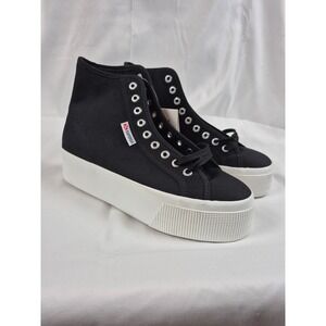 Superga Size 8 Women's Platform High Top Sneakers Black Canvas NWT Chunky Lace
